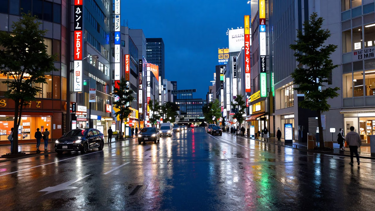 Tokyo Blue Hour Street Scene with Neon Reflections and Urban Atmosphere in in Tokyo, Japan