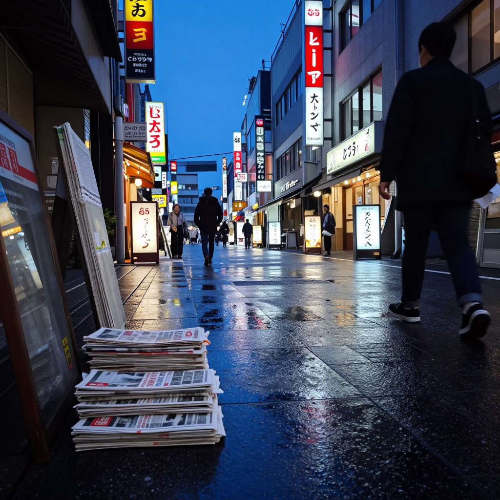Tokyo Blue Hour Street Scene with Newspaper Stack and Dish Towel in in Tokyo, Japan