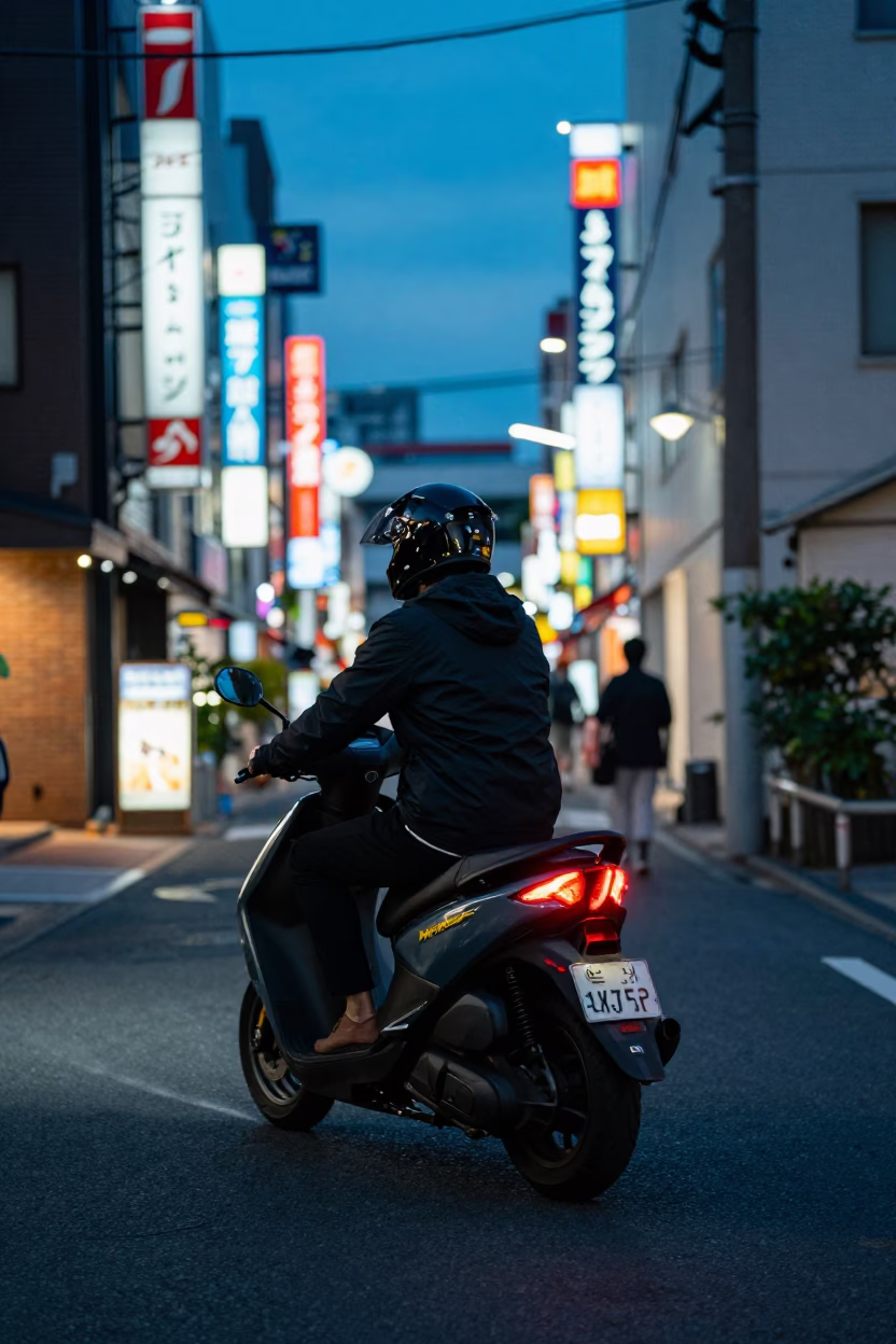Tokyo Blue Hour Street Scene with Scooter Weaving Through Neon Lits Urban Landscape in in Tokyo, Japan