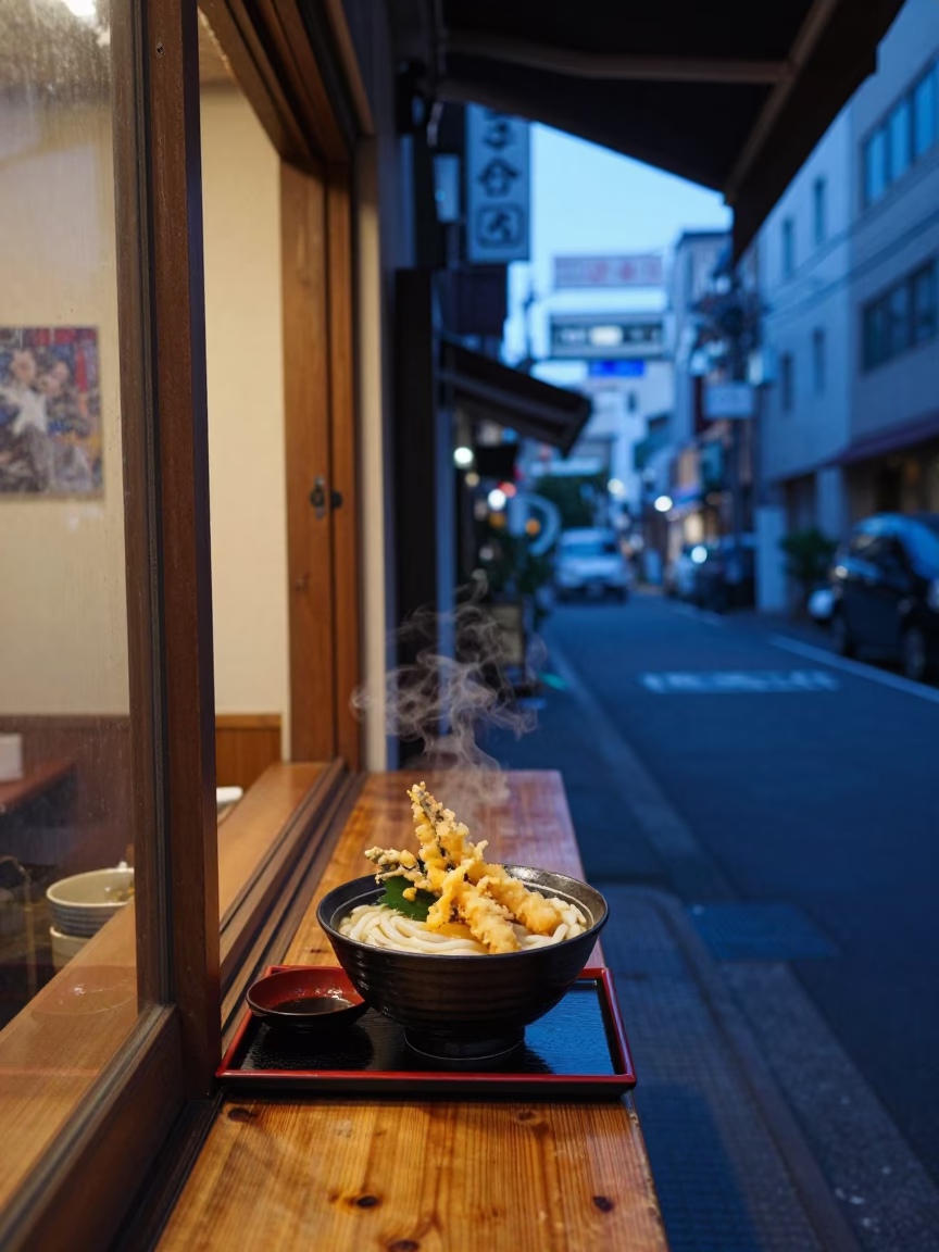 Tokyo Blue Hour Street Scene with Udon Bowl and Urban Background in in Tokyo, Japan