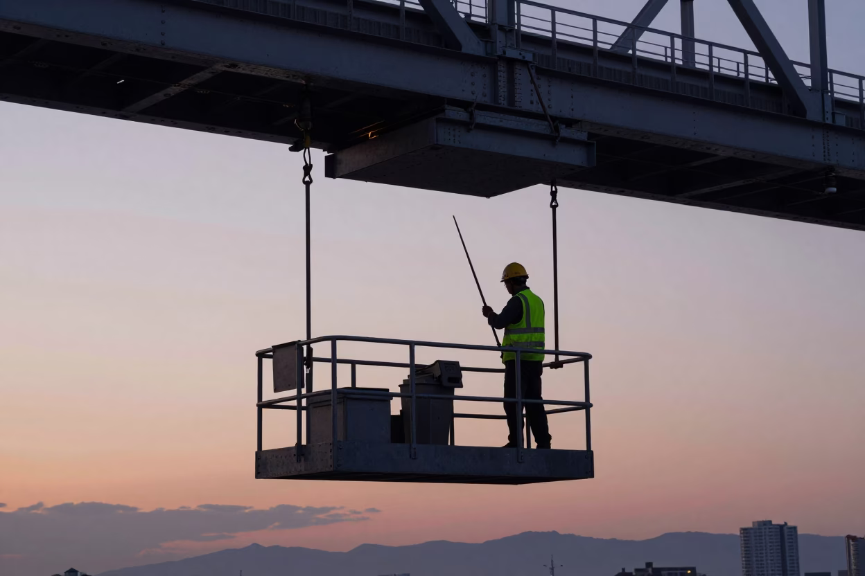 Tokyo Bridge Maintenance Crew at Nautical Dawn with Charcoal Tools in in Tokyo, Japan