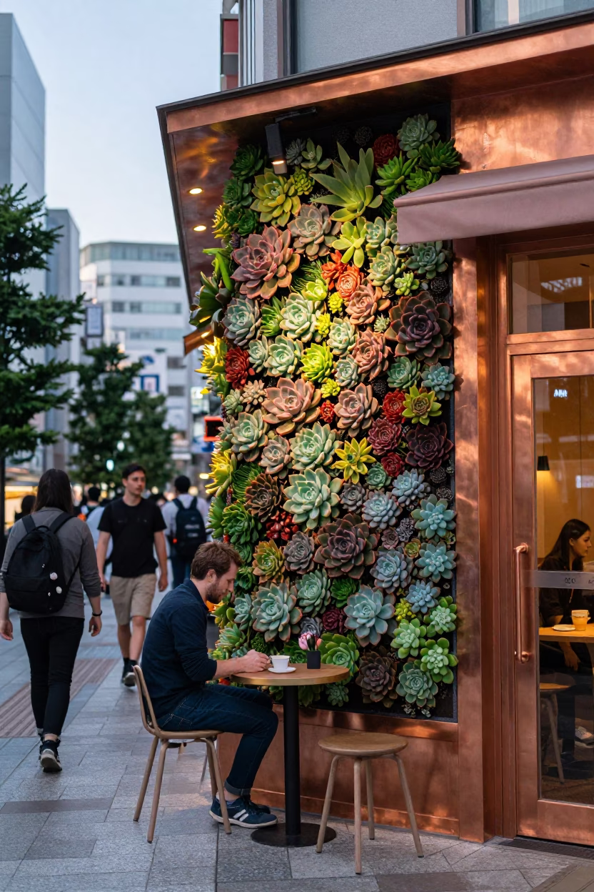 Tokyo Cafe Exterior with Living Succulent Wall in Copper Dusk Light in in Tokyo, Japan