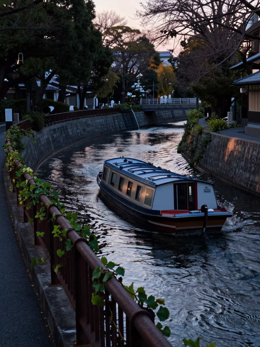 Tokyo Canal Barge at Dawn with Vine and Prayer Beads in in Tokyo, Japan