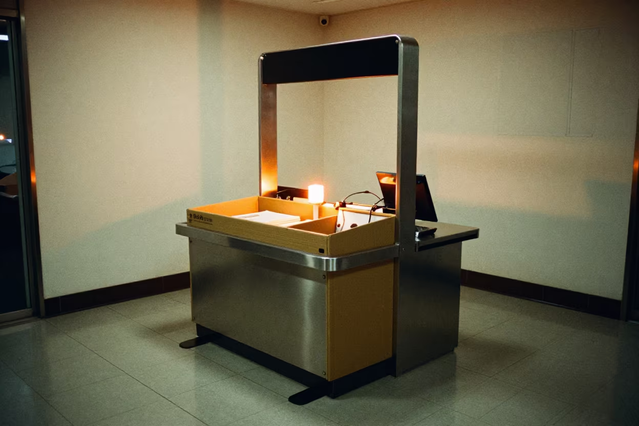 Tokyo Checkout Sneeze Guard Foot Clip Twilight in at a checkout lane under flat store light in Tokyo