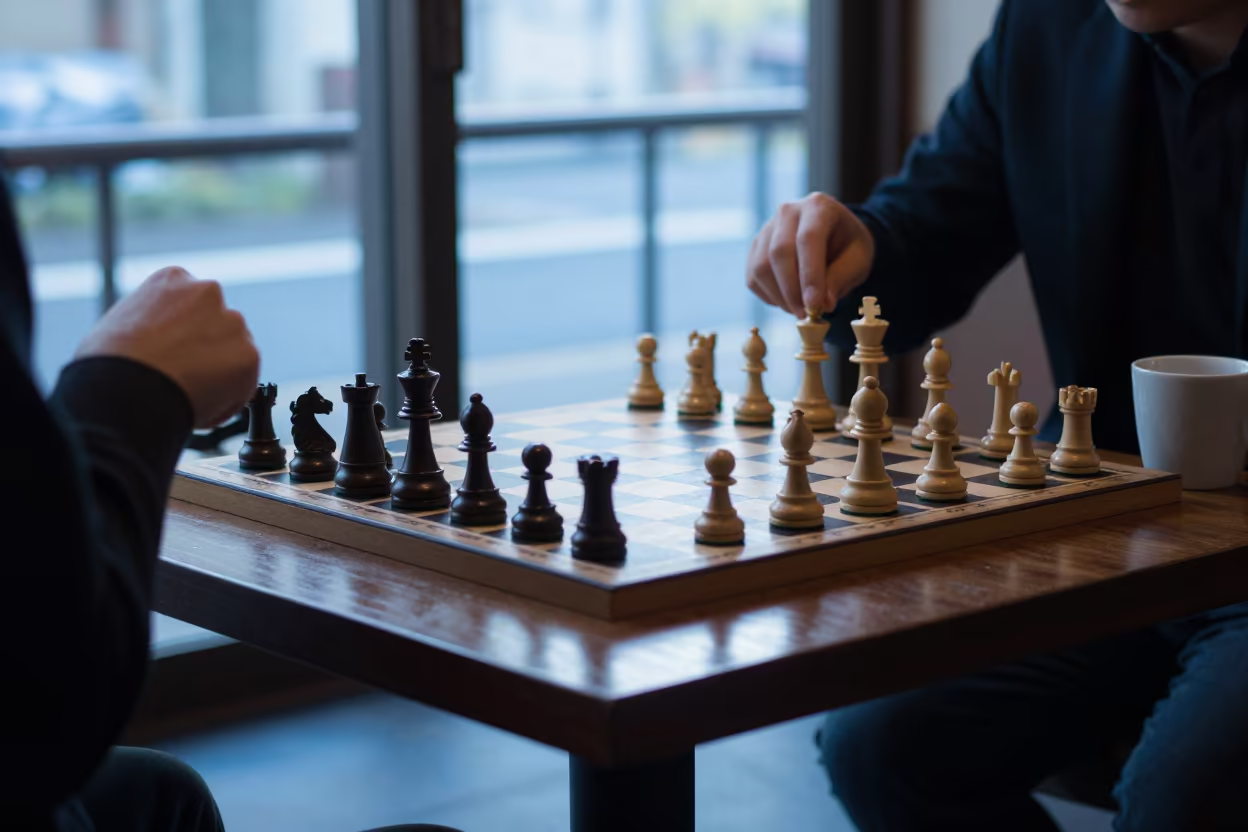 Tokyo Chess Game Before Sunrise Window Light in on a cafe table by a window in Tokyo