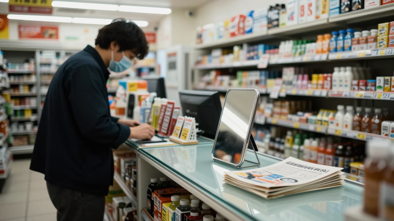 Tokyo Convenience Store Counter Dawn Hand Mirror and Folding Ruler in in Tokyo, Japan