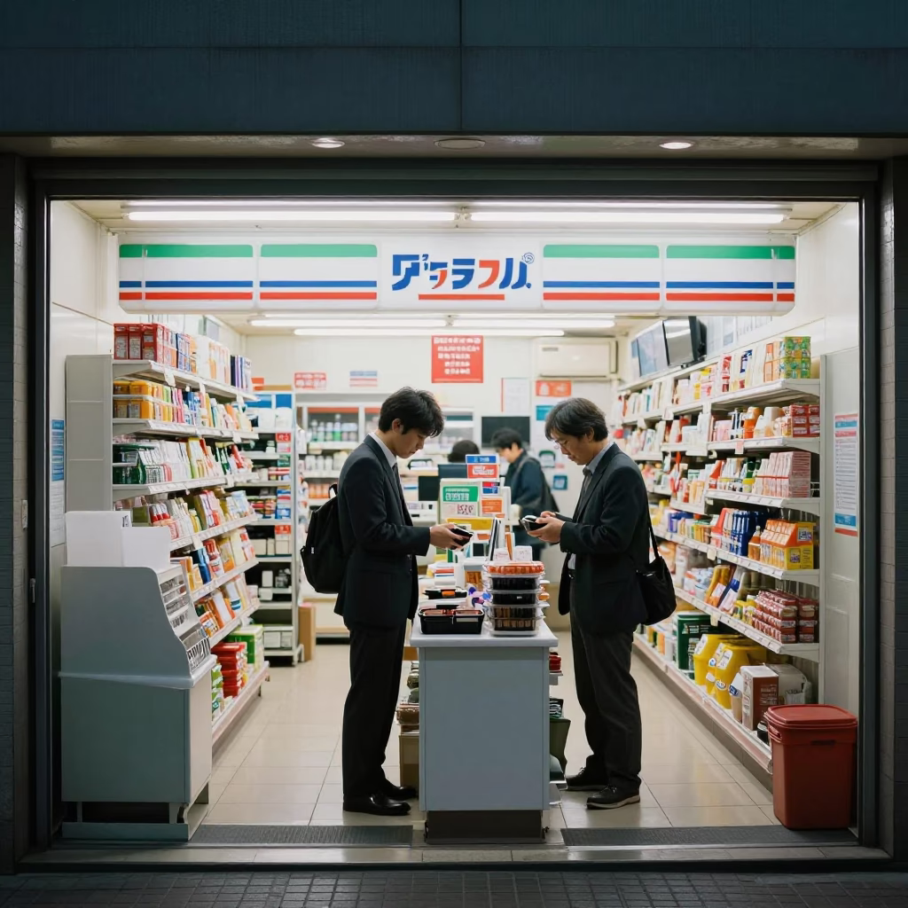 Tokyo Convenience Store Interior Before Dawn with Customer and Clerk Interaction in in Tokyo, Japan