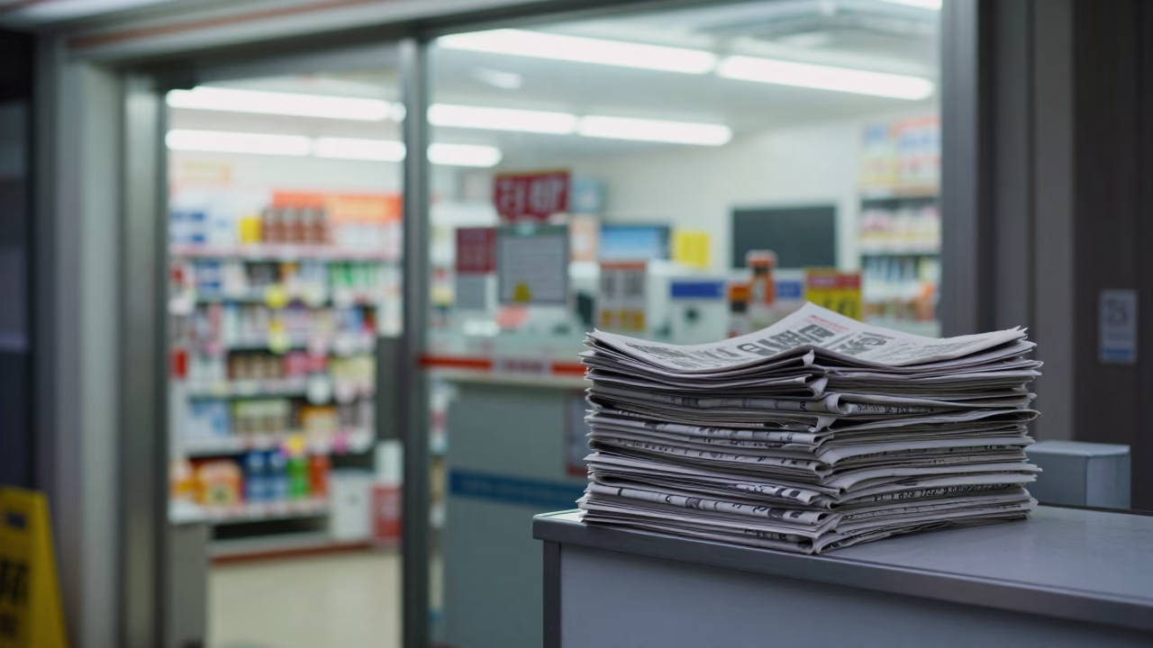 Tokyo Convenience Store Night Scene with Newspaper Stack and Blue Fluorescent Lighting in in Tokyo, Japan
