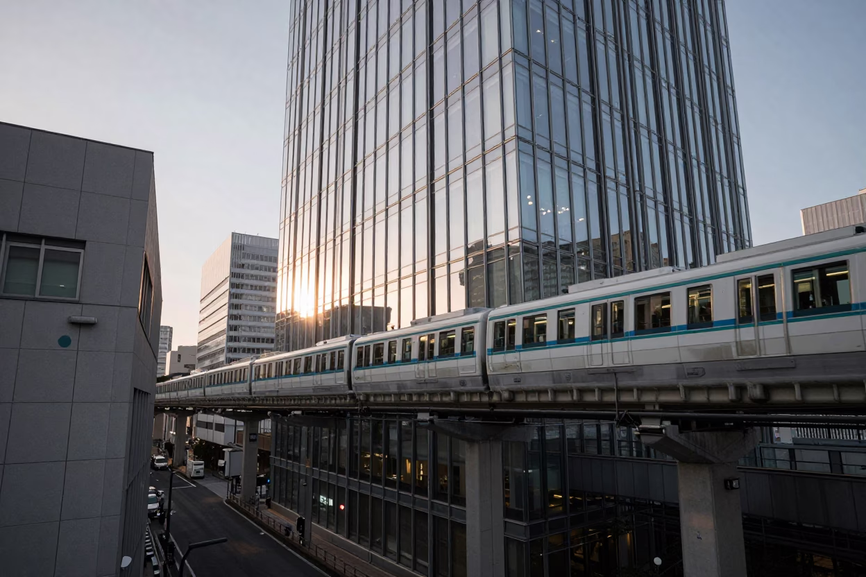 Tokyo Dawn Monorail Reflection in Glass Skyscraper Window at First Light in in Tokyo, Japan