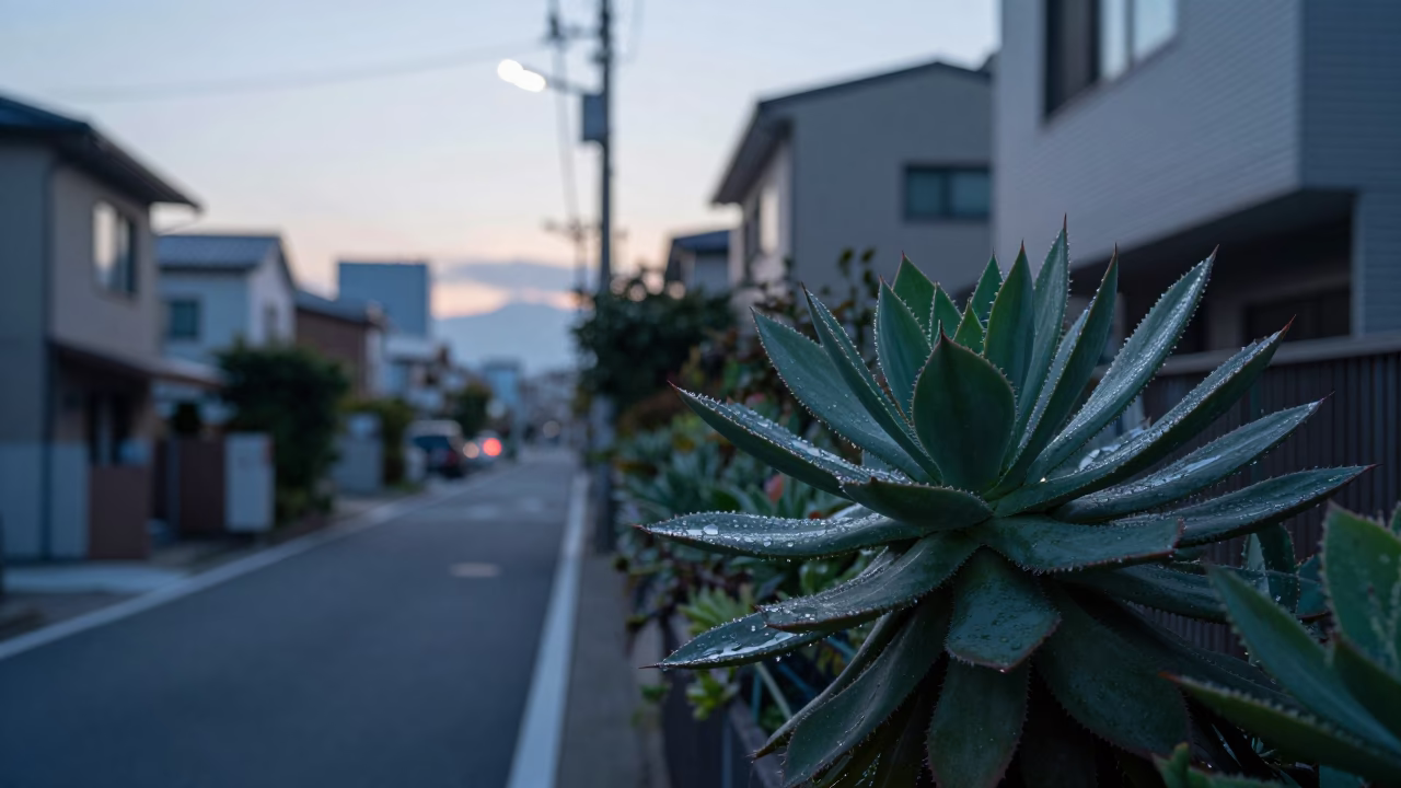 Tokyo Dawn Street Scene with Echeveria Plant and Urban Architecture in in Tokyo, Japan