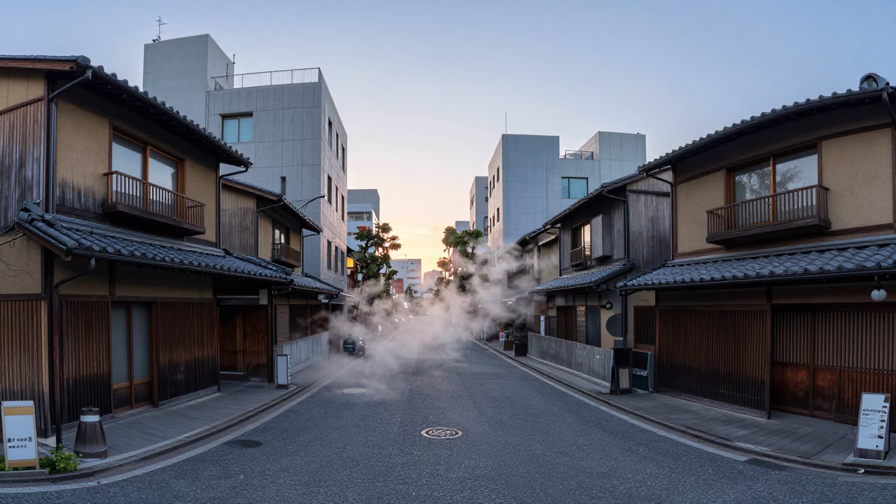 Tokyo Dawn Street Scene with Steam and Early Morning Commuters in in Tokyo, Japan
