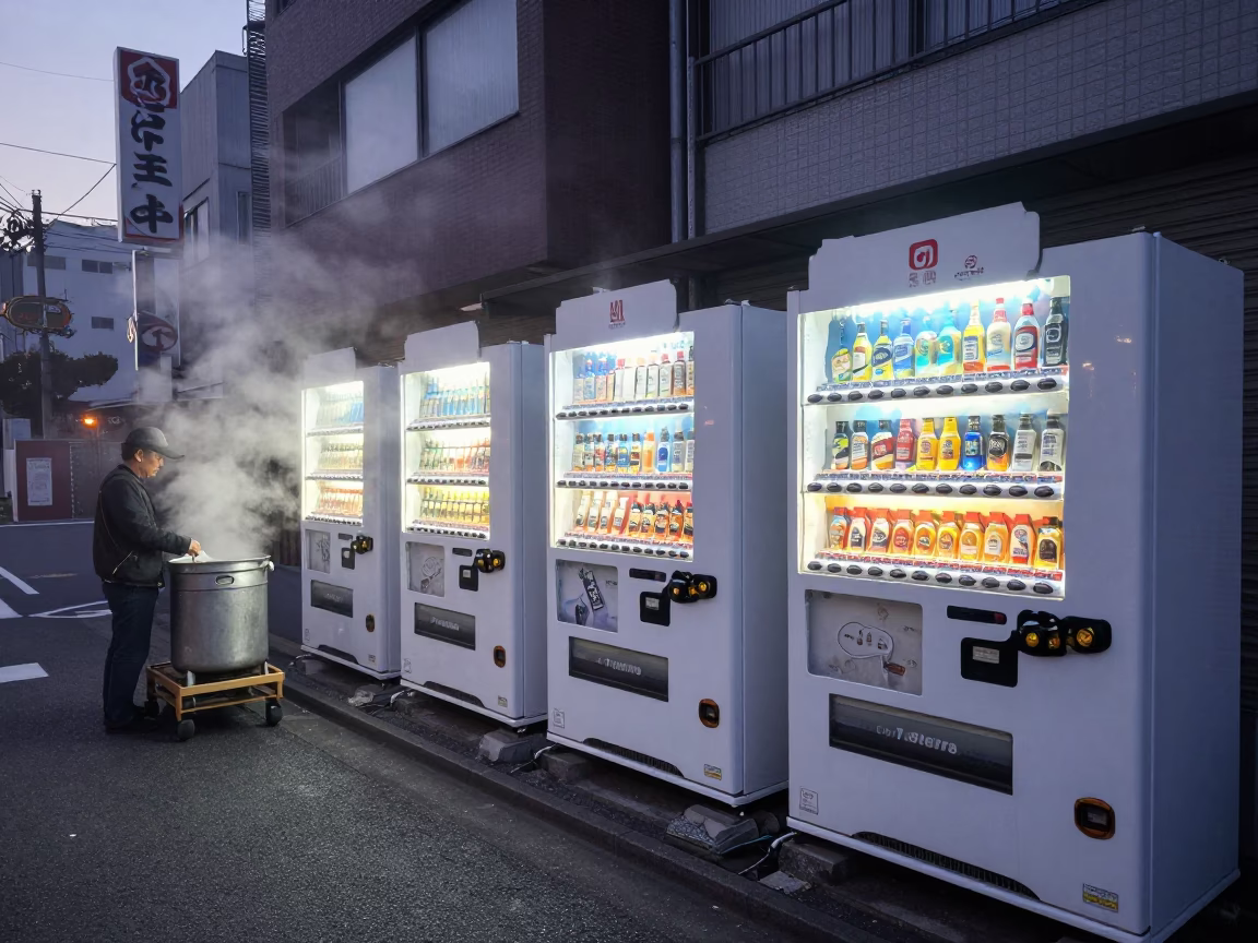 Tokyo Dawn Street Scene with Steam Vending Machine and Morning Commuters in in Tokyo, Japan