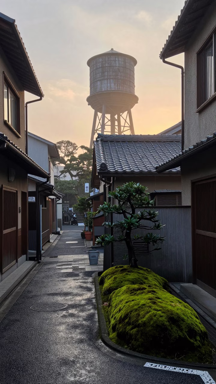 Tokyo Dawn Street Scene with Water Tower and Moss Garden Details in 1990s Japan in in Tokyo, Japan