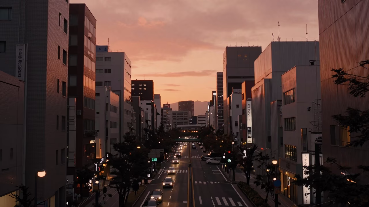 Tokyo Dusk Horizon Copper Light Street Scene 1980s Aesthetic in in Tokyo, Japan