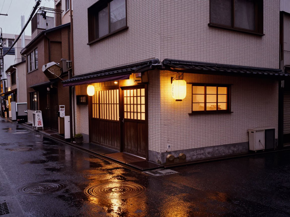 Tokyo Dusk Street Scene with Water Rings on Tile and Copper Light in in Tokyo, Japan