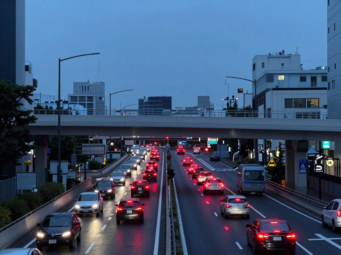 Tokyo Early Evening Overpass Interchange Glowing With Red Taillights After Rain in in Tokyo, Japan