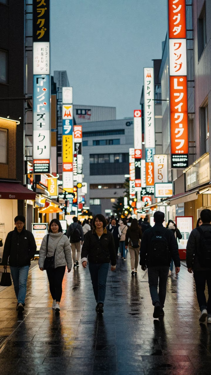 Tokyo Early Evening Street Scene with Neon Lights and Motorcycles in in Tokyo, Japan