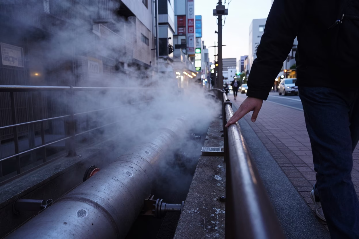 Tokyo Early Evening Street Scene with Steam Pipes and Urban Life in in Tokyo, Japan