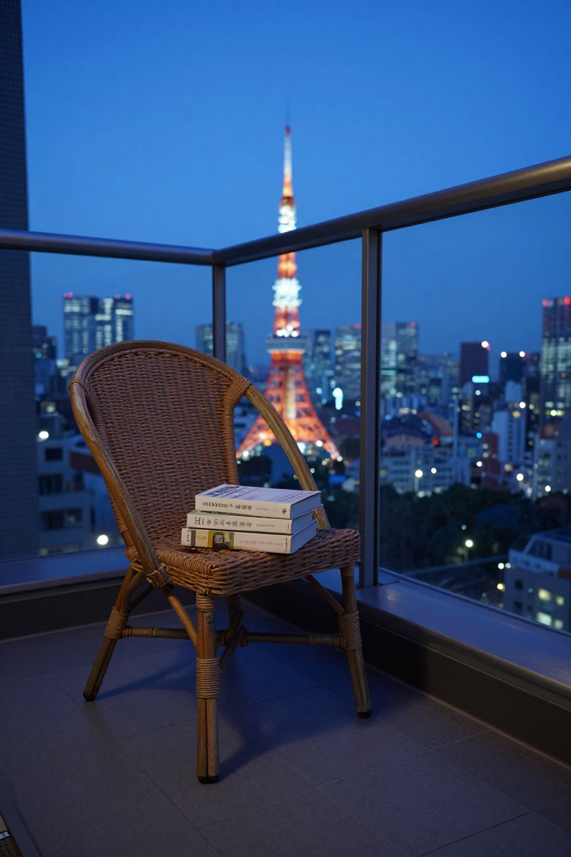 Tokyo Evening Blue Hour Rattan Chair and Paperbacks on Balcony in in Tokyo, Japan