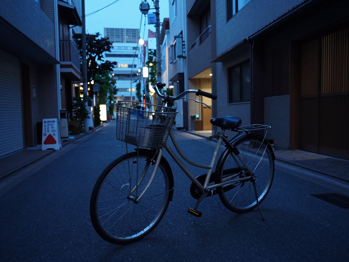Tokyo Evening Blue Hour Street Scene with Bicycle Basket and City Lights in in Tokyo, Japan