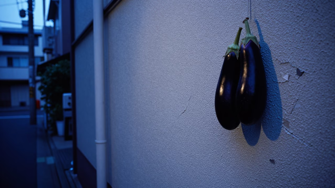Tokyo evening blue hour street scene with eggplants and cracked stucco in in Tokyo, Japan