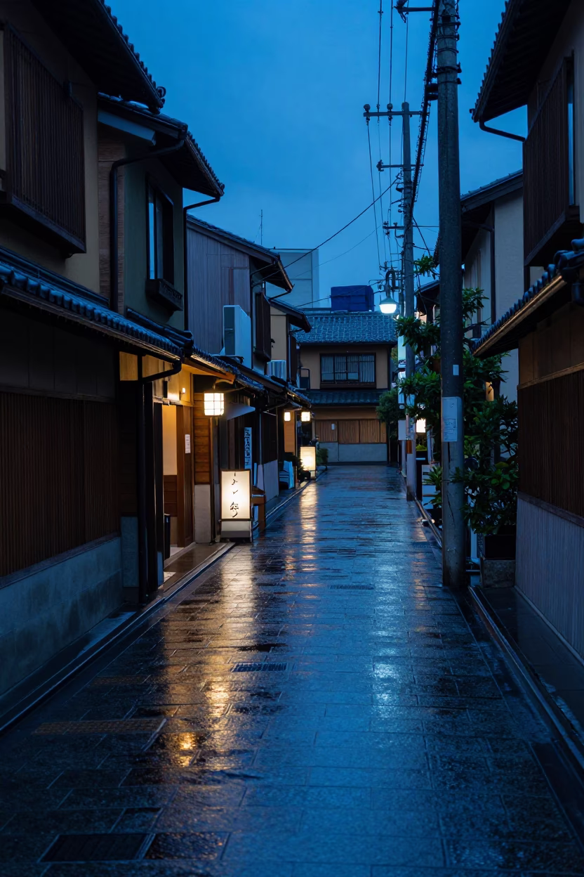 Tokyo Evening Blue Hour Street Scene with Neon Reflections and Traditional Architecture in in Tokyo, Japan