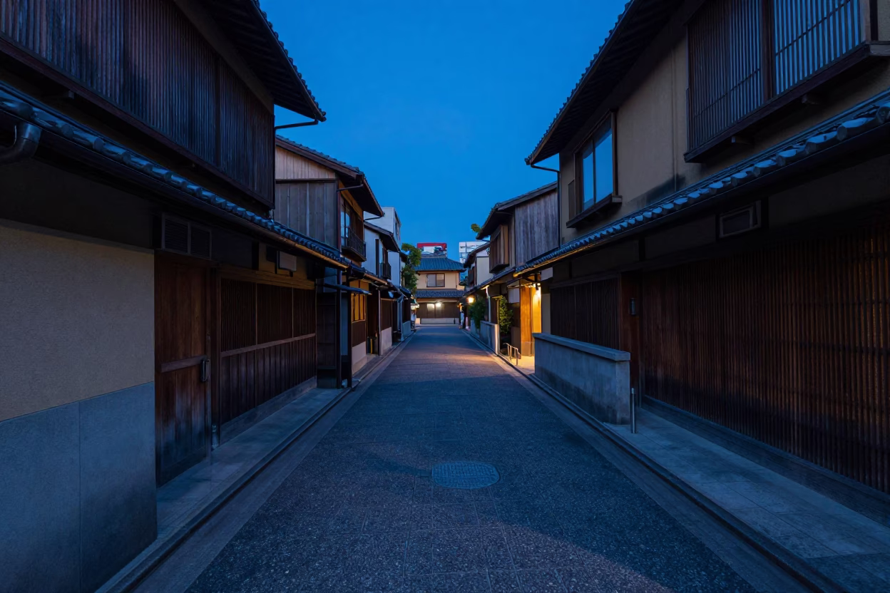 Tokyo Evening Blue Hour Street Scene with Traditional Architecture and Urban Life in in Tokyo, Japan