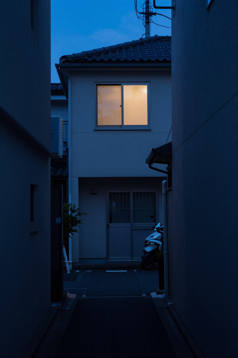 Tokyo Evening Blue Hour Street Scene with Window Light and File Box in in Tokyo, Japan