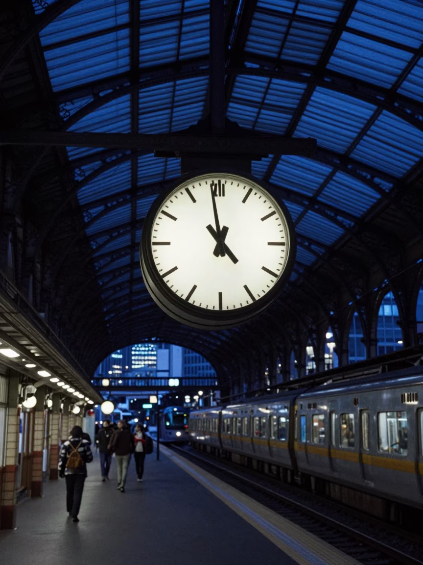 Tokyo Evening Blue Hour Train Station Clock Under Iron Roof in in Tokyo, Japan