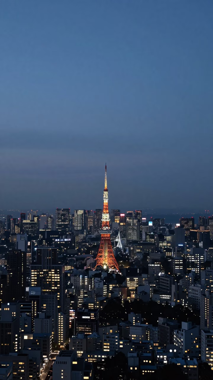 Tokyo Evening Horizon View with Urban Silhouette and Distant City Lights in in Tokyo, Japan