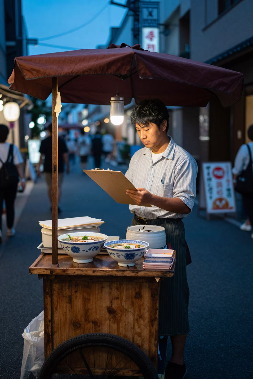 Tokyo Evening Street Scene with Clipboard and Pho Bowl in Blue Hour Light in in Tokyo, Japan