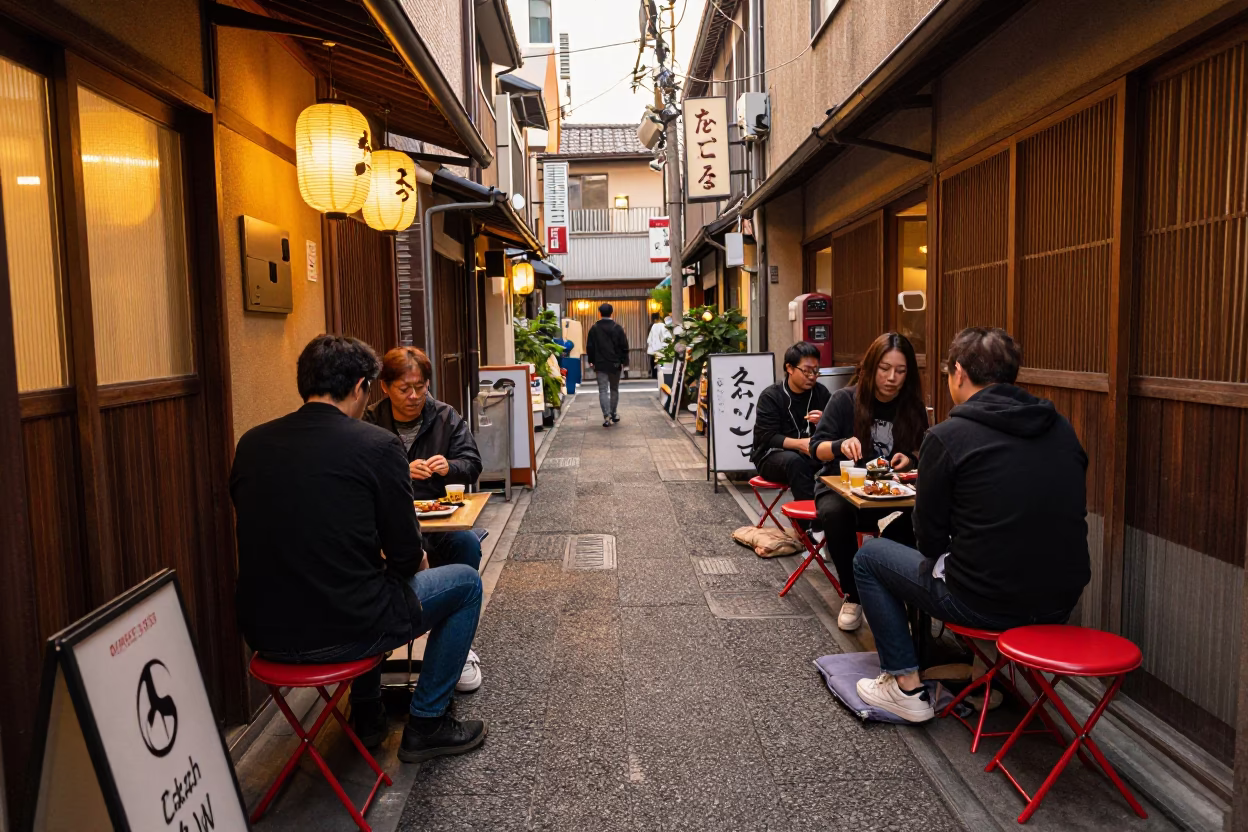 Tokyo Evening Street Scene with Folding Stools and Local Dining in in Tokyo, Japan