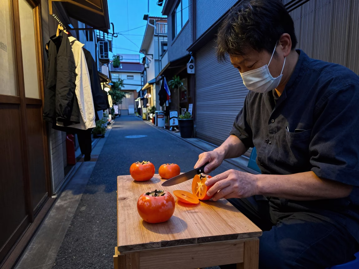 Tokyo Evening Street Scene with Fruit Knife and Clothes Brush in Urban Setting in in Tokyo, Japan