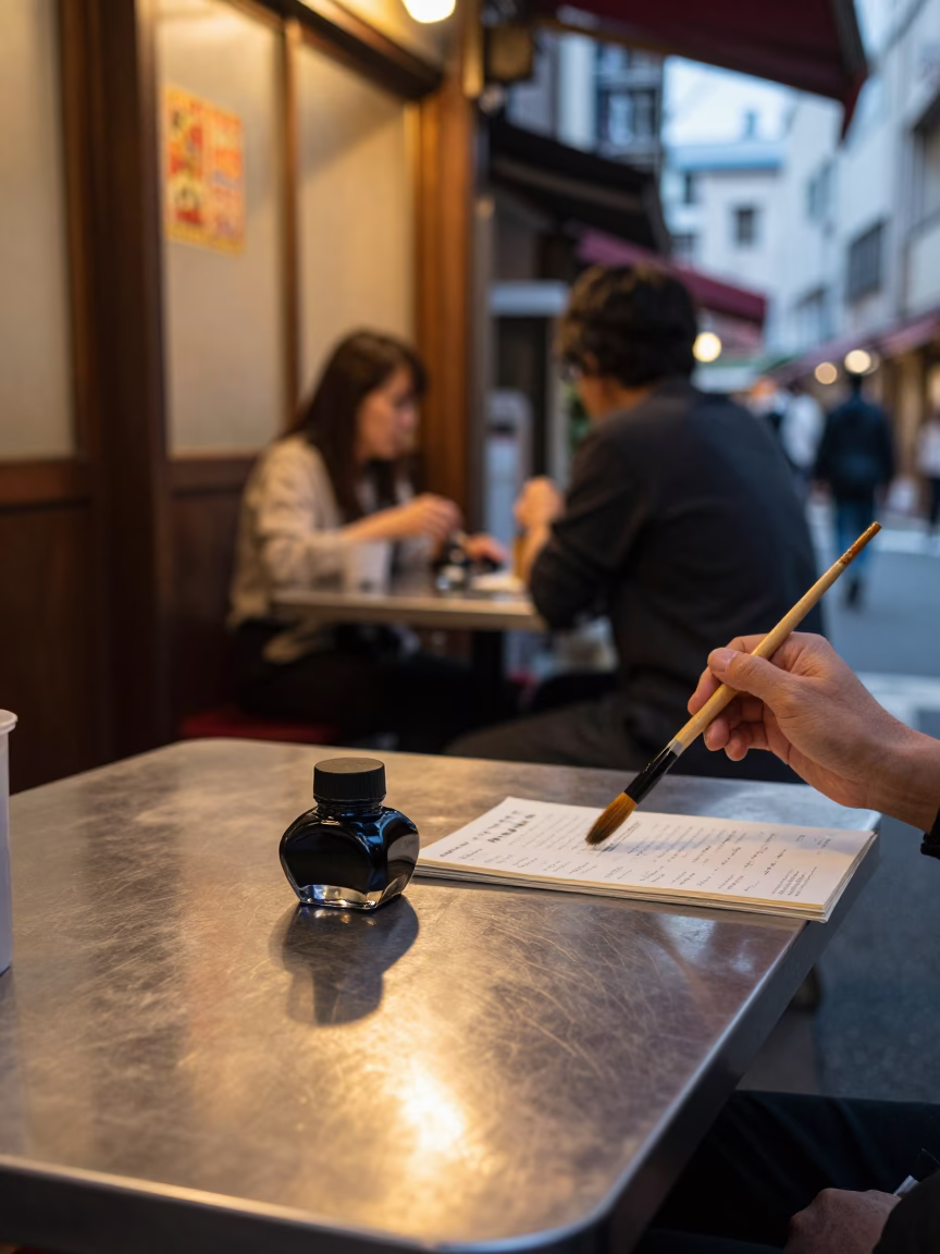 Tokyo Evening Street Scene with Ink Bottle and Brushed Steel Table Under Honeyed Light in in Tokyo, Japan