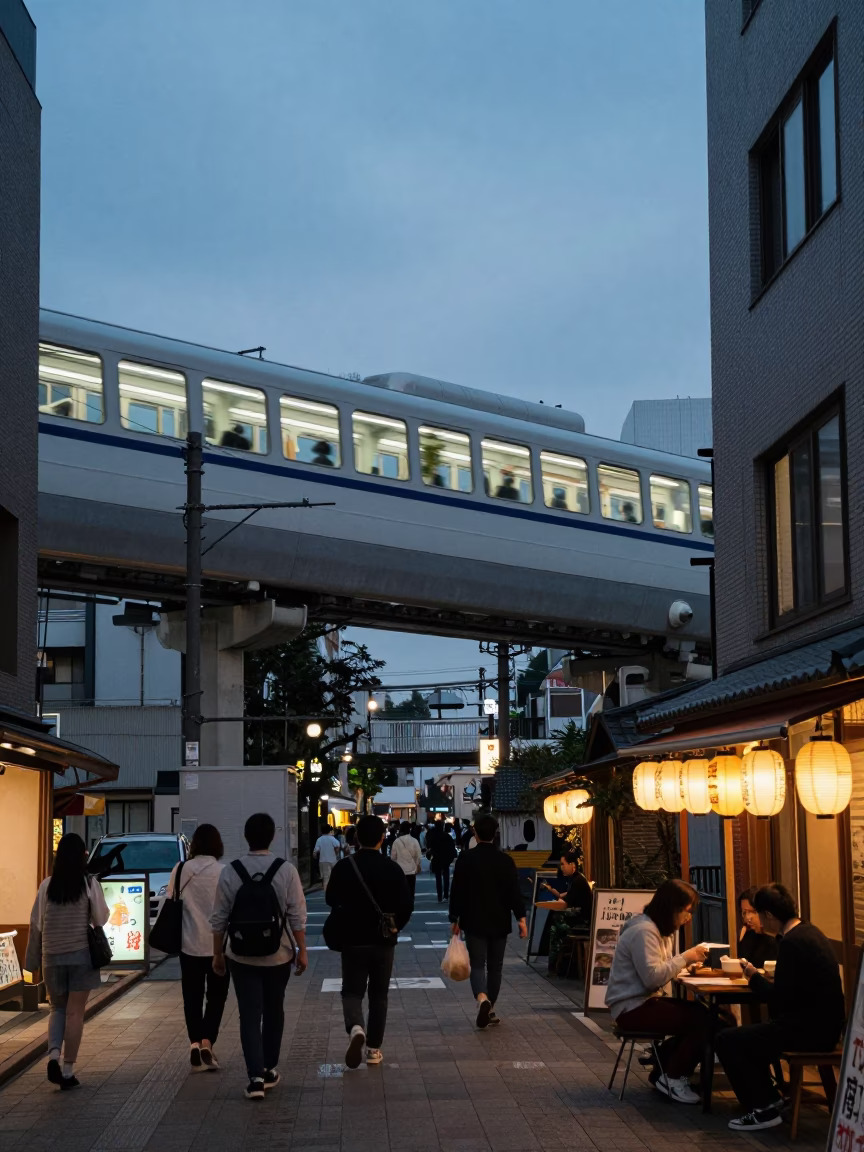 Tokyo Evening Street Scene with Monorail and Traditional Dining Elements in in Tokyo, Japan