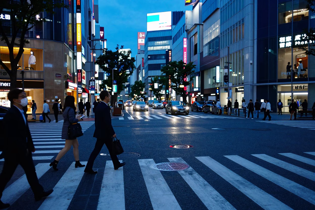 Tokyo Evening Street Scene with Neon Reflections and Urban Fashion in Japan in in Tokyo, Japan