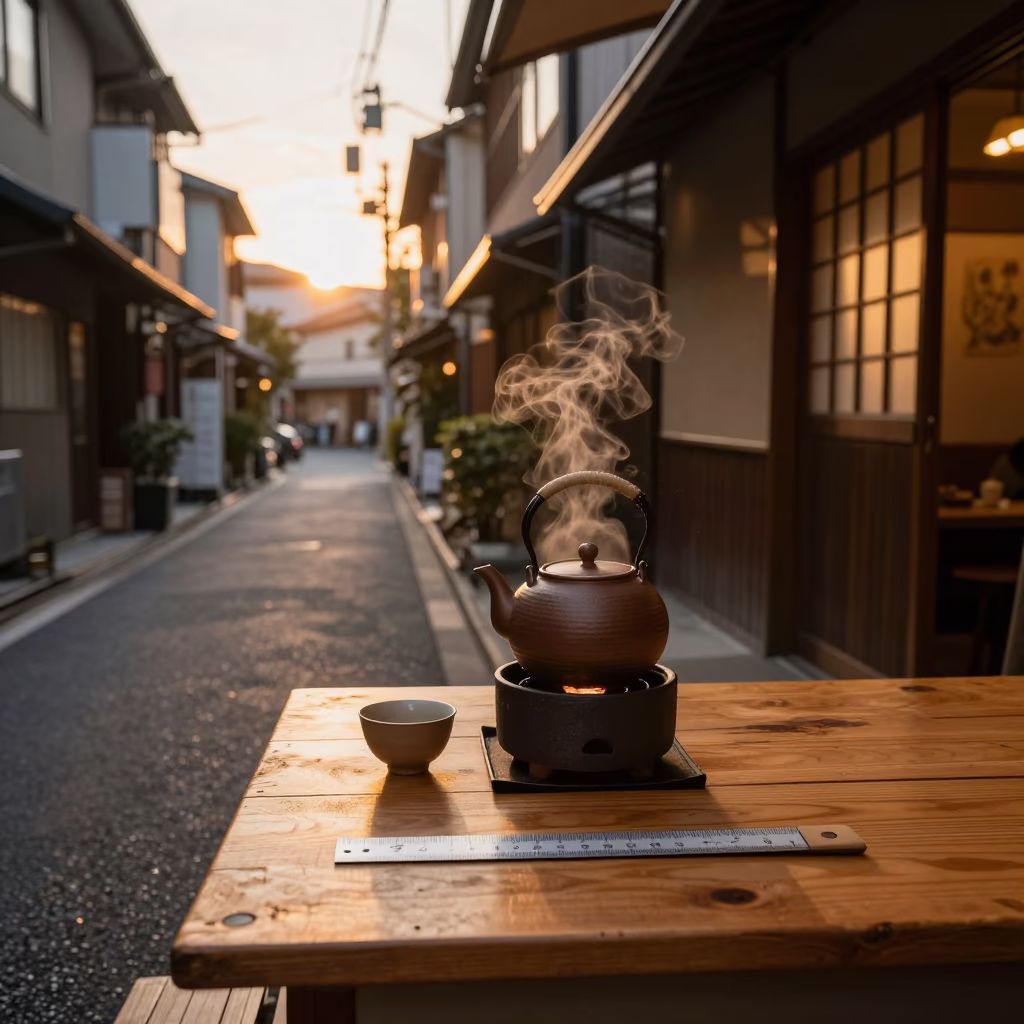 Tokyo Evening Street Scene with Traditional Tea Service and Vintage Measuring Tools in in Tokyo, Japan