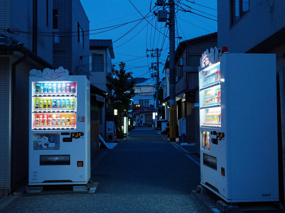 Tokyo Evening Street Scene with Vending Machines and Neon Signs in Japan in in Tokyo, Japan