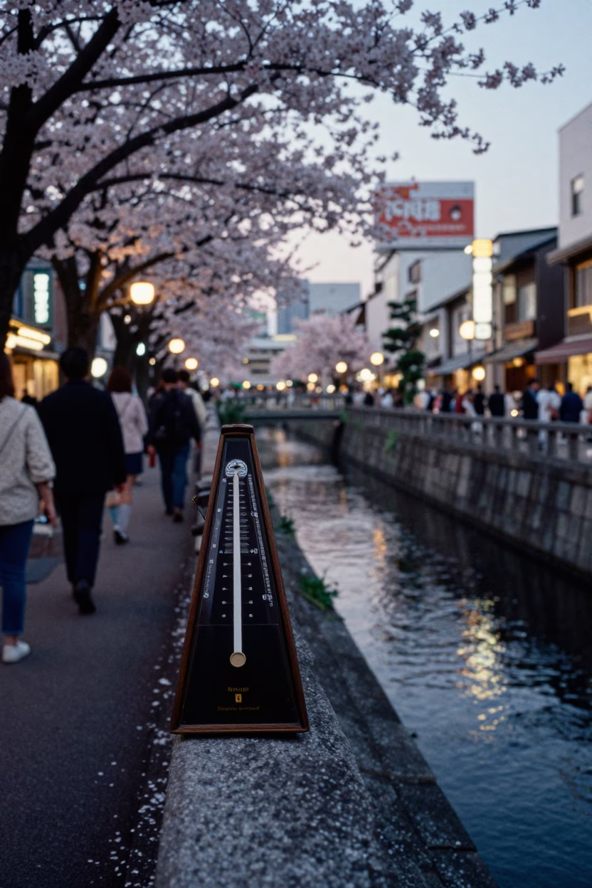 Tokyo Evening Street Scene with Vintage Metronome and Cherry Blossom Petals on River in in Tokyo, Japan