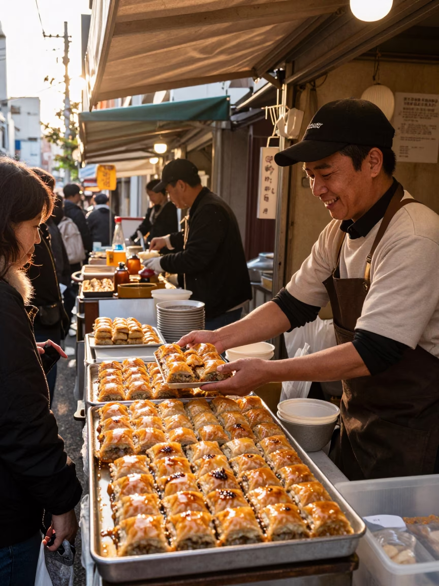 Tokyo Food Stall at Clear Late-afternoon Light in in Tokyo, Japan