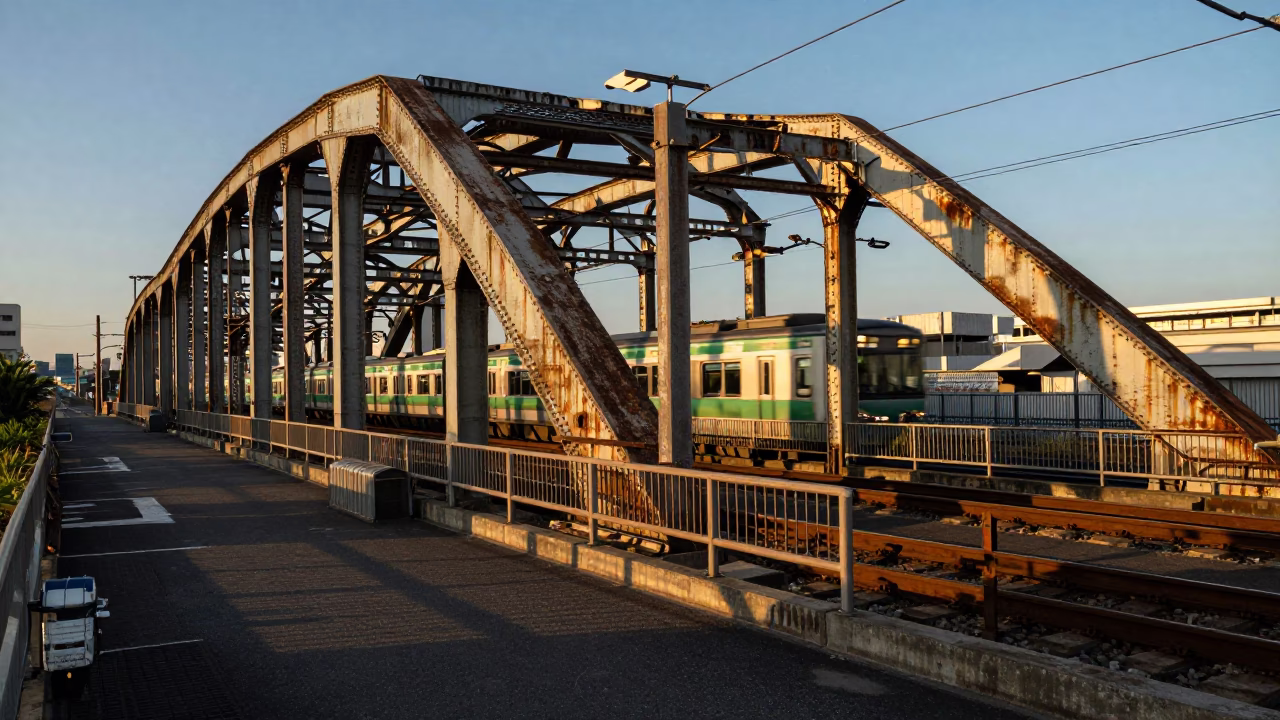 Tokyo Golden Hour Railway Viaduct Arches Passing Train Street Scene in in Tokyo, Japan