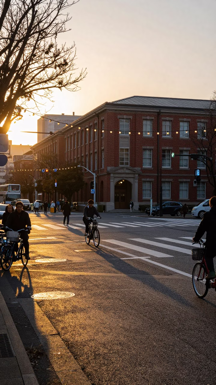 Tokyo Golden Hour Street Scene with String Lights and Campus Bicycle Rack in in Tokyo, Japan