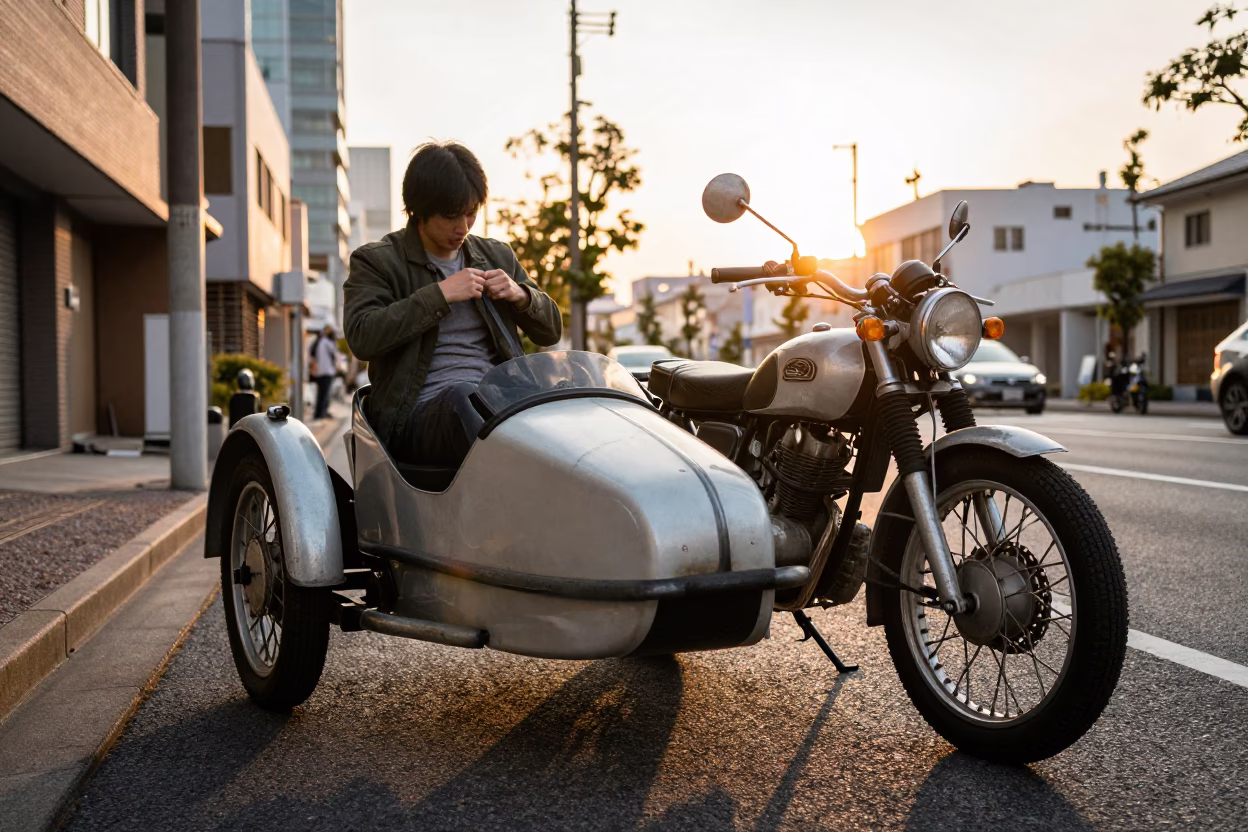 Tokyo Golden Hour Street Scene with Vintage Motorcycle and Sidecar in in Tokyo, Japan