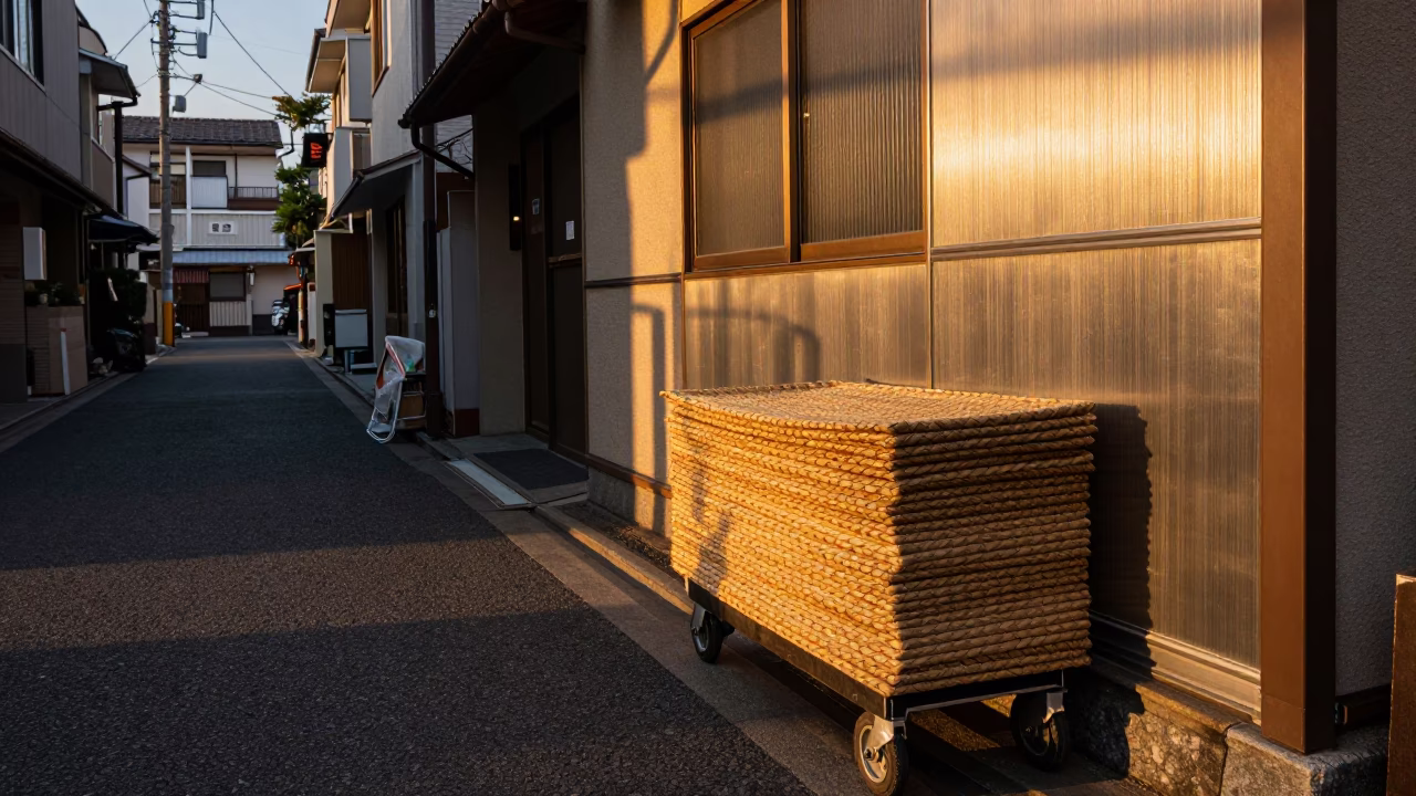 Tokyo Golden Hour Street Scene with Woven Mats and Brushed Steel Lamp Base in in Tokyo, Japan