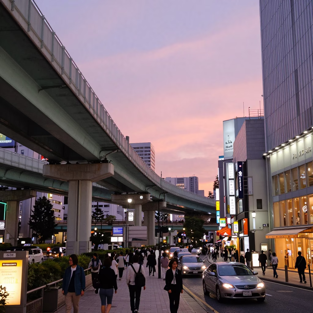 Tokyo Highway Flyover at Dusk with Pink Sky and Street Life in in Tokyo, Japan