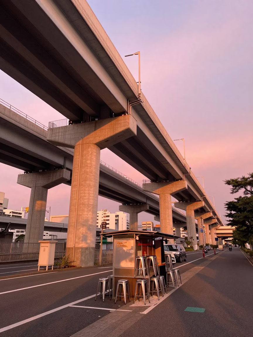 Tokyo Highway Flyover Stack at Sunset with Metal Stools and Oranges in in Tokyo, Japan