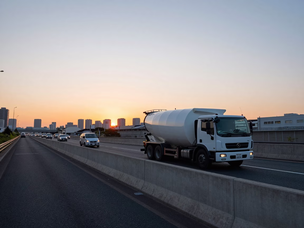 Tokyo Highway Sunrise Concrete Barrier and Cement Mixer Truck in in Tokyo, Japan