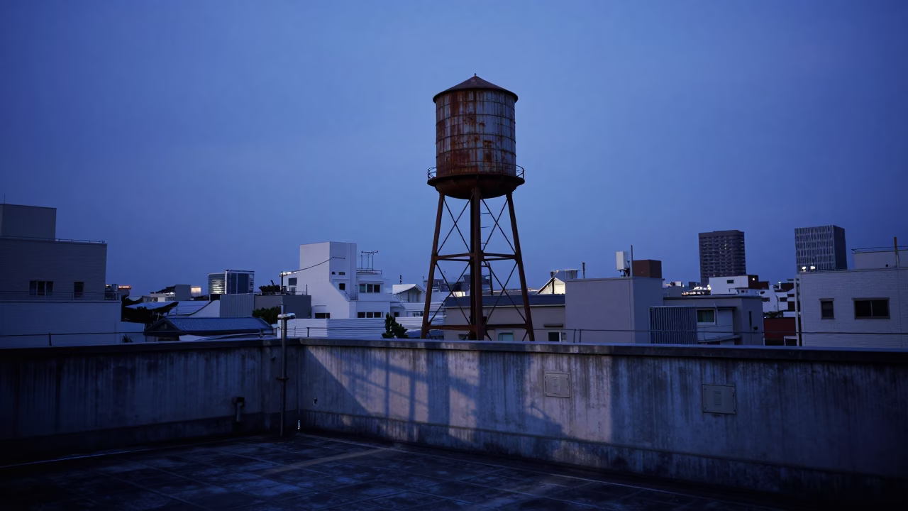 Tokyo indigo twilight rooftop scene with water tower and distant city lights in in Tokyo, Japan