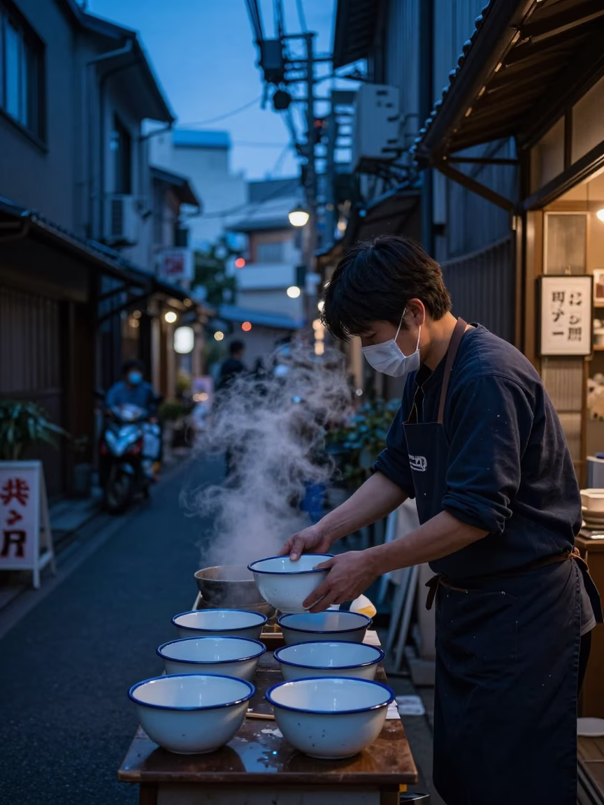 Tokyo Indigo Twilight Street Scene with Enamel Bowls and Porcelain Rim Detail in in Tokyo, Japan