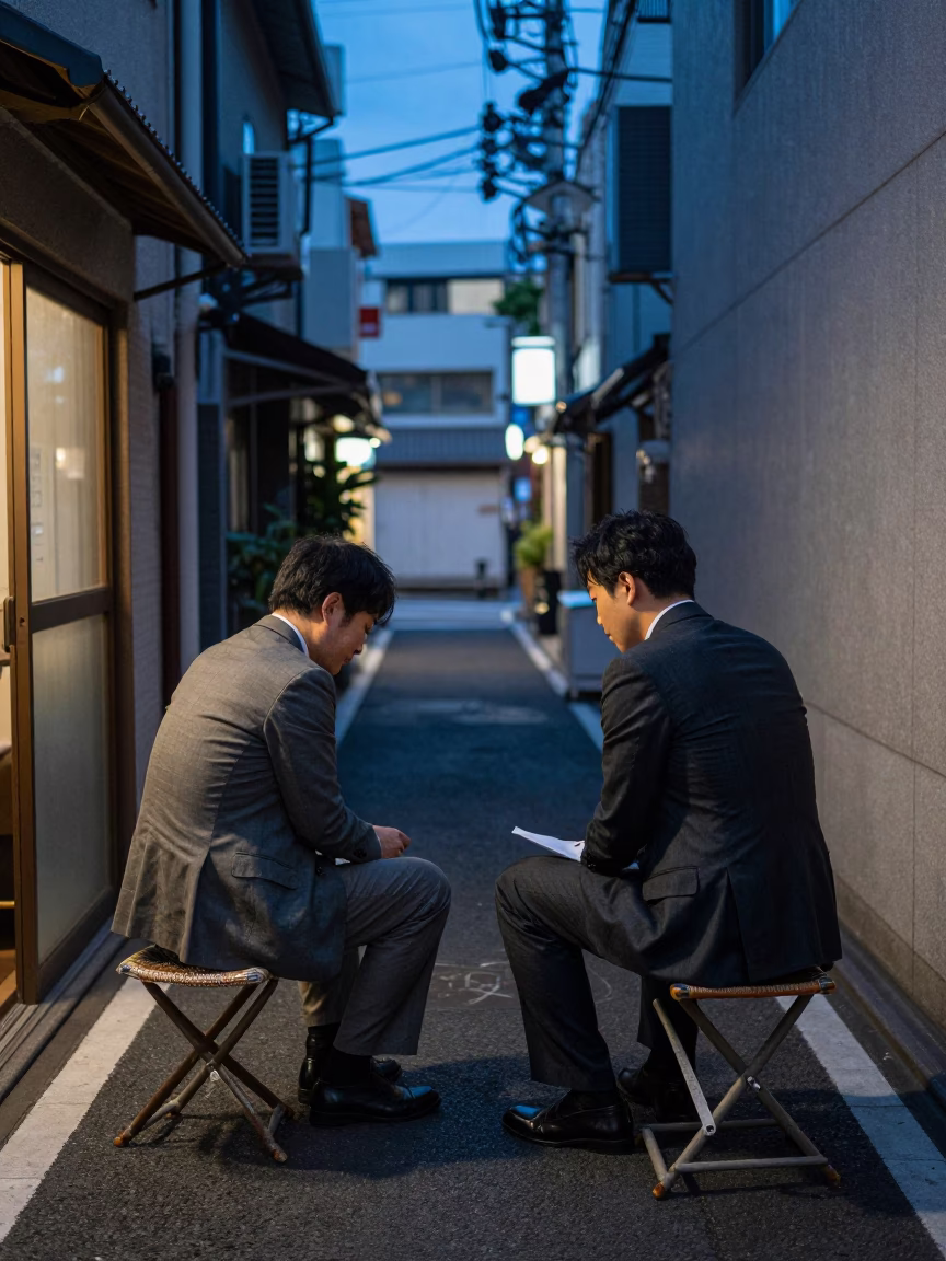 Tokyo Indigo Twilight Street Scene with Folding Stools and Matcha Latte in in Tokyo, Japan